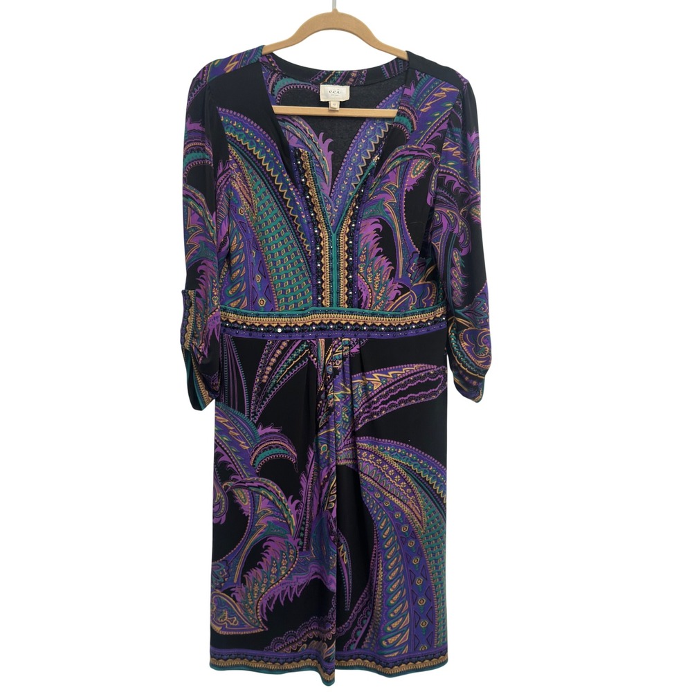 ECI New York Paisley Dress Purple Teal Beaded Empire Waist Roll Tab Sz 12 Boho